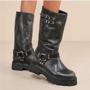 NEW Steve Madden Raige Distressed Black Leather Harness Moto Boots Viral